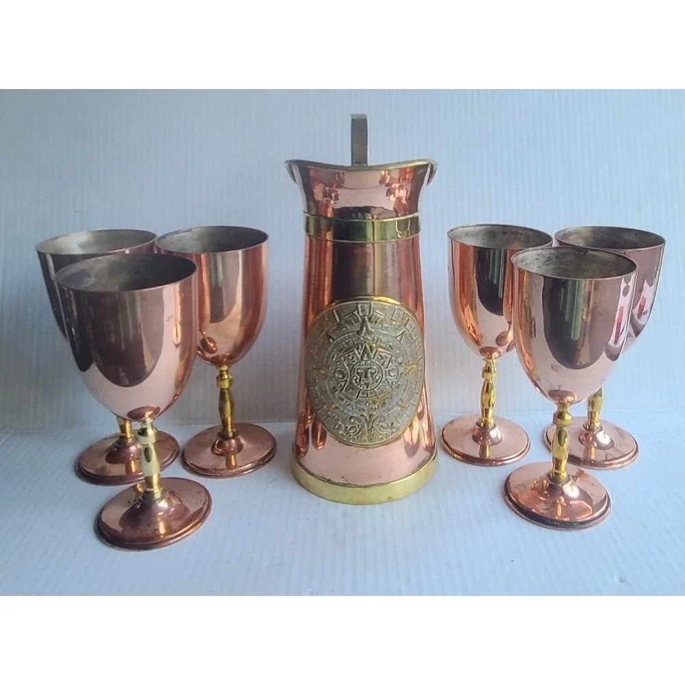 Vintage Orfe Mex Mexican Copper Brass Wine Water Pitcher & 6 Goblets RARE Unique